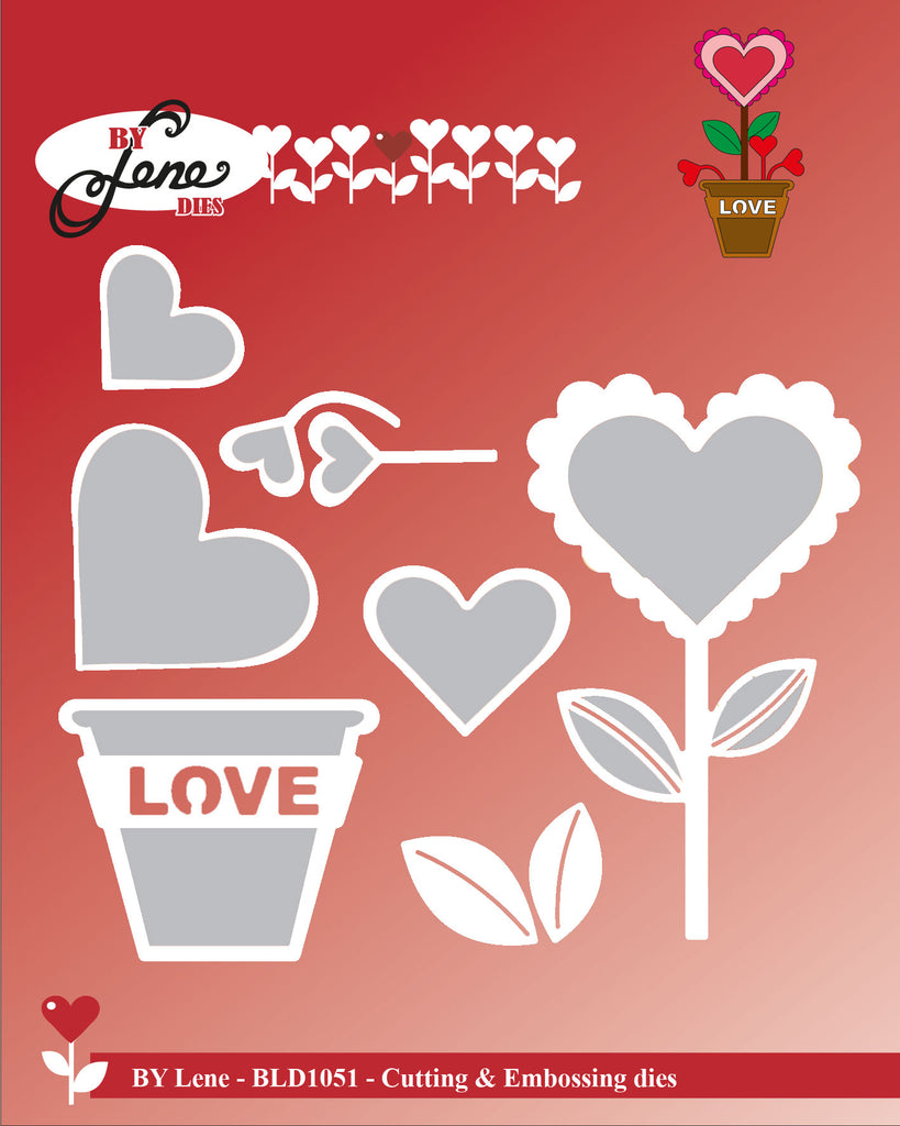 Skabelon af hjerteformet blomst med teksten "Love" på urtepotten